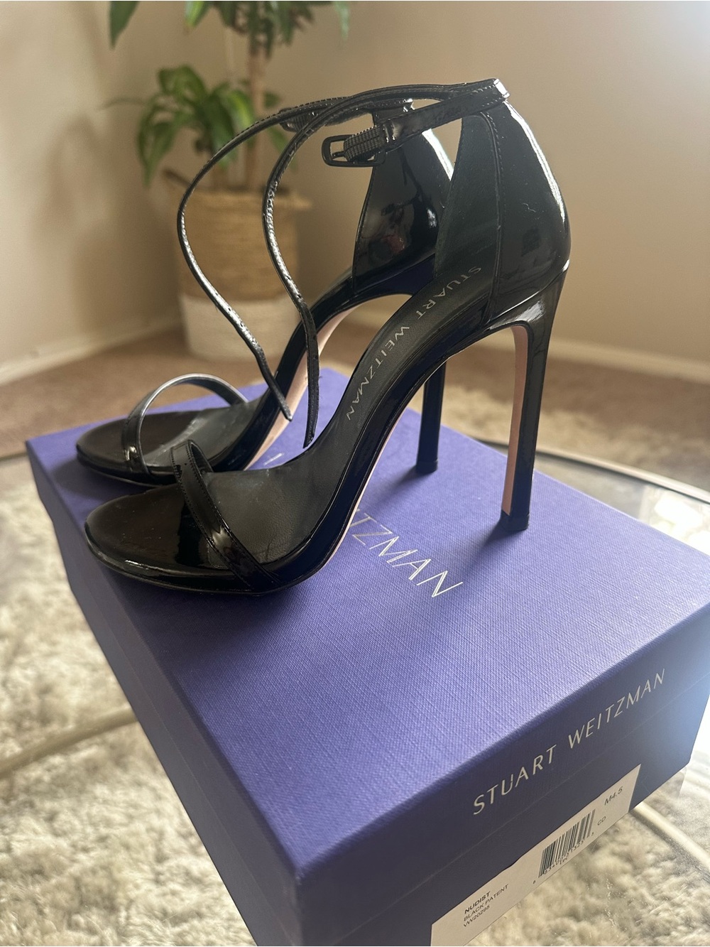 Stuart Weitzman Black Patent Stiletto Ankle-Strap Sandals Size 4.5